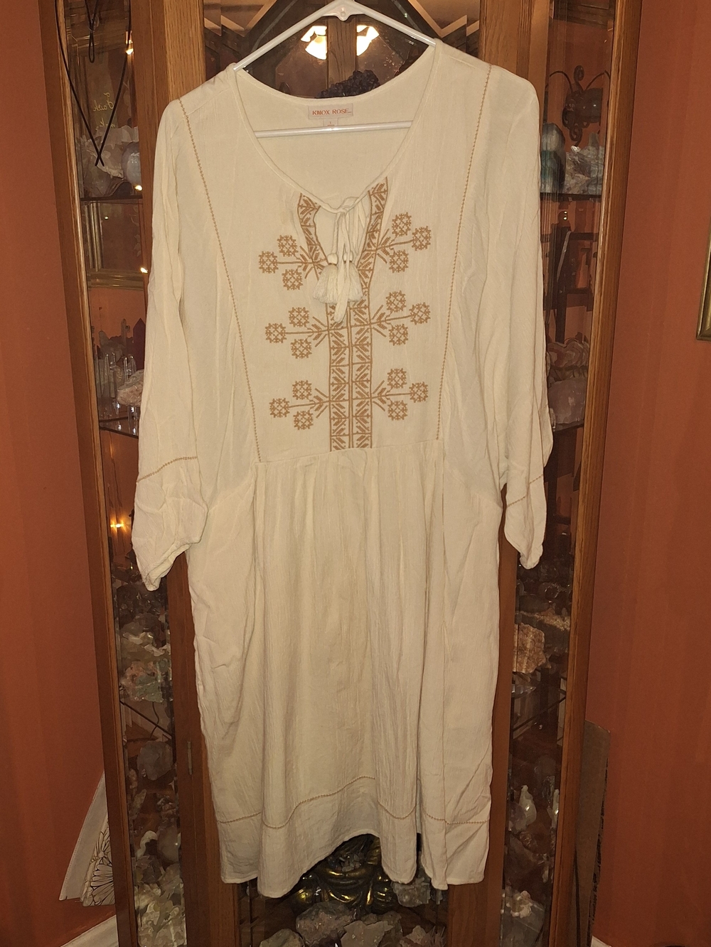 Knox Rose Boho Cream Tunic Dress with Tan Embroidery